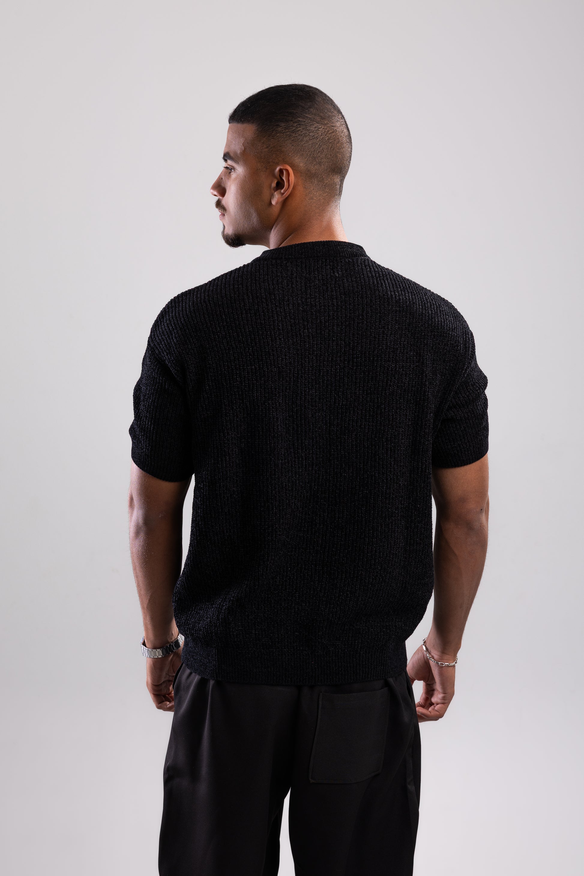 Round Neck Knit T-shirt - Black