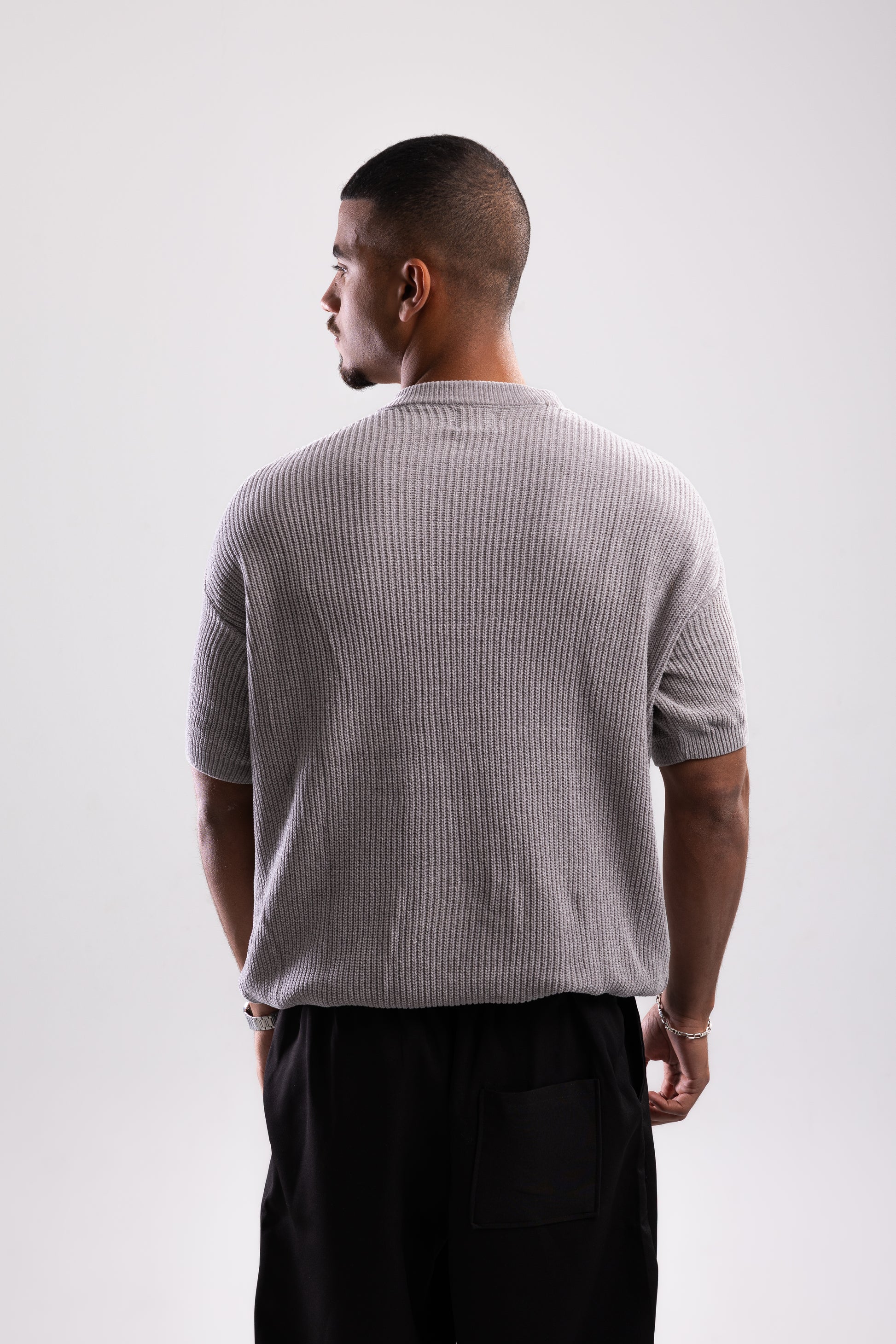Round Neck Knit T-shirt - Grey