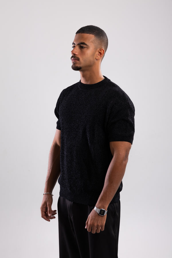 Round Neck Knit T-shirt - Black