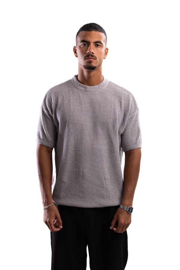 Round Neck Knit T-shirt - Grey