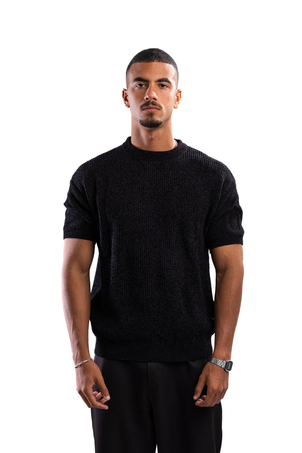 Round Neck Knit T-shirt - Black