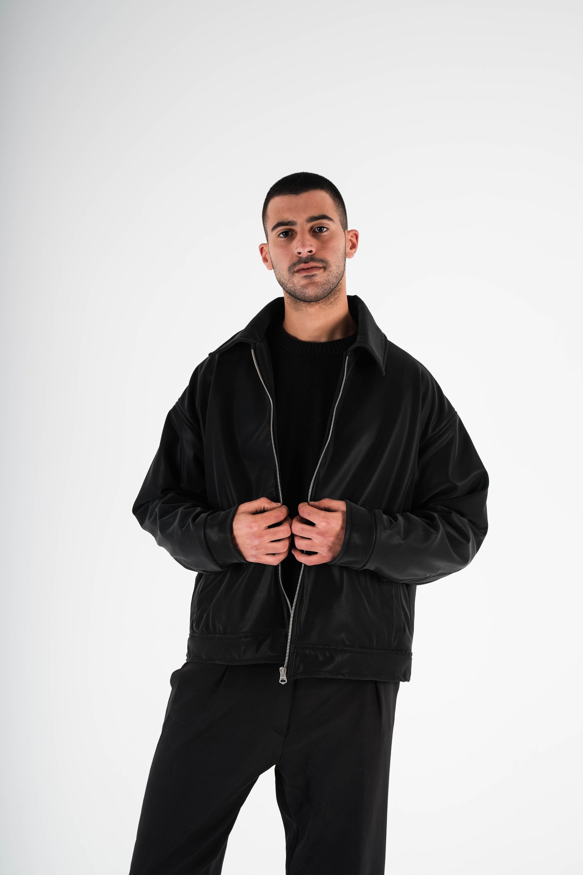 V Leather Jacket - Black