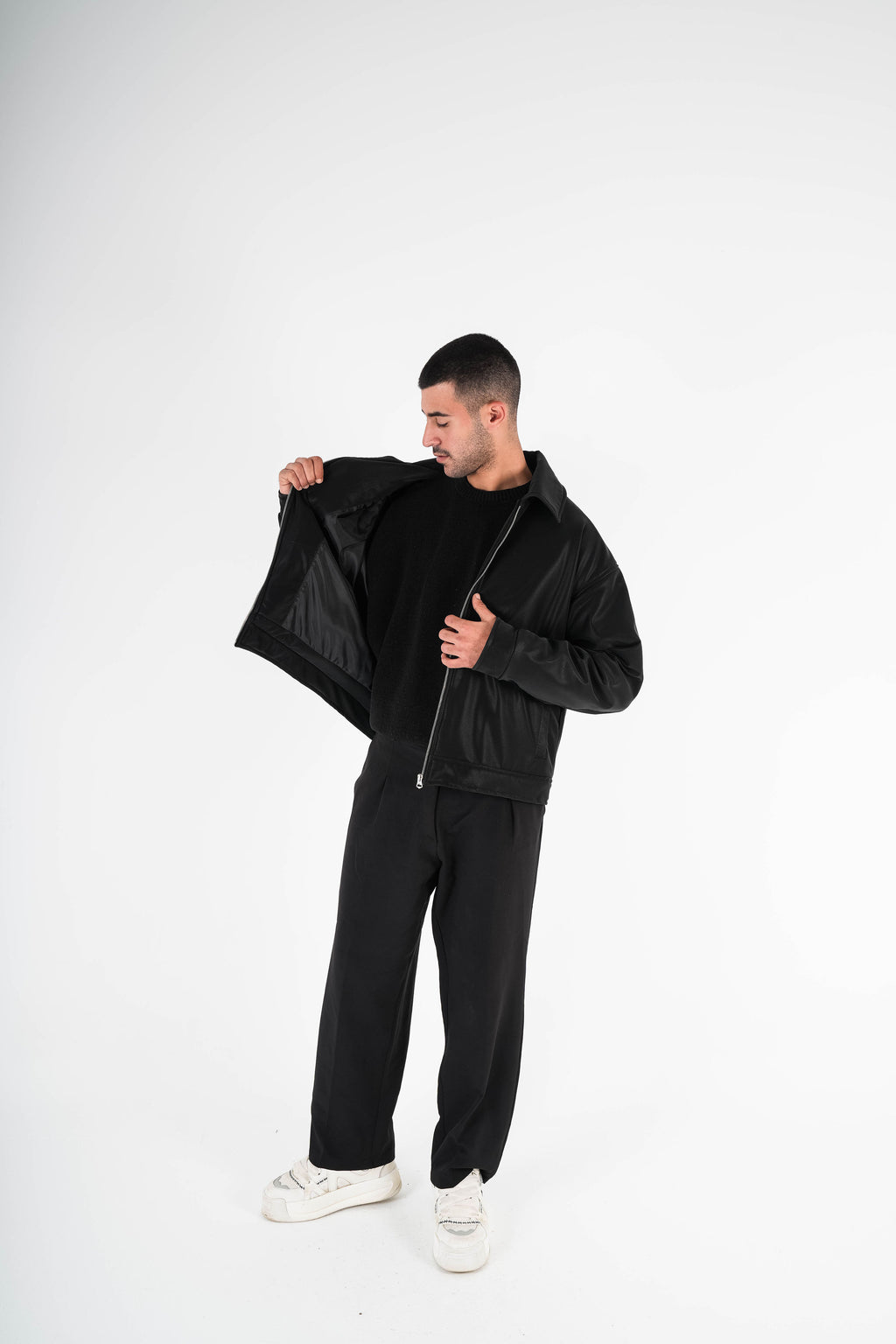 V Leather Jacket - Black