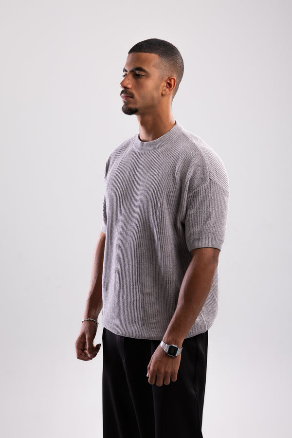 Round Neck Knit T-shirt - Grey