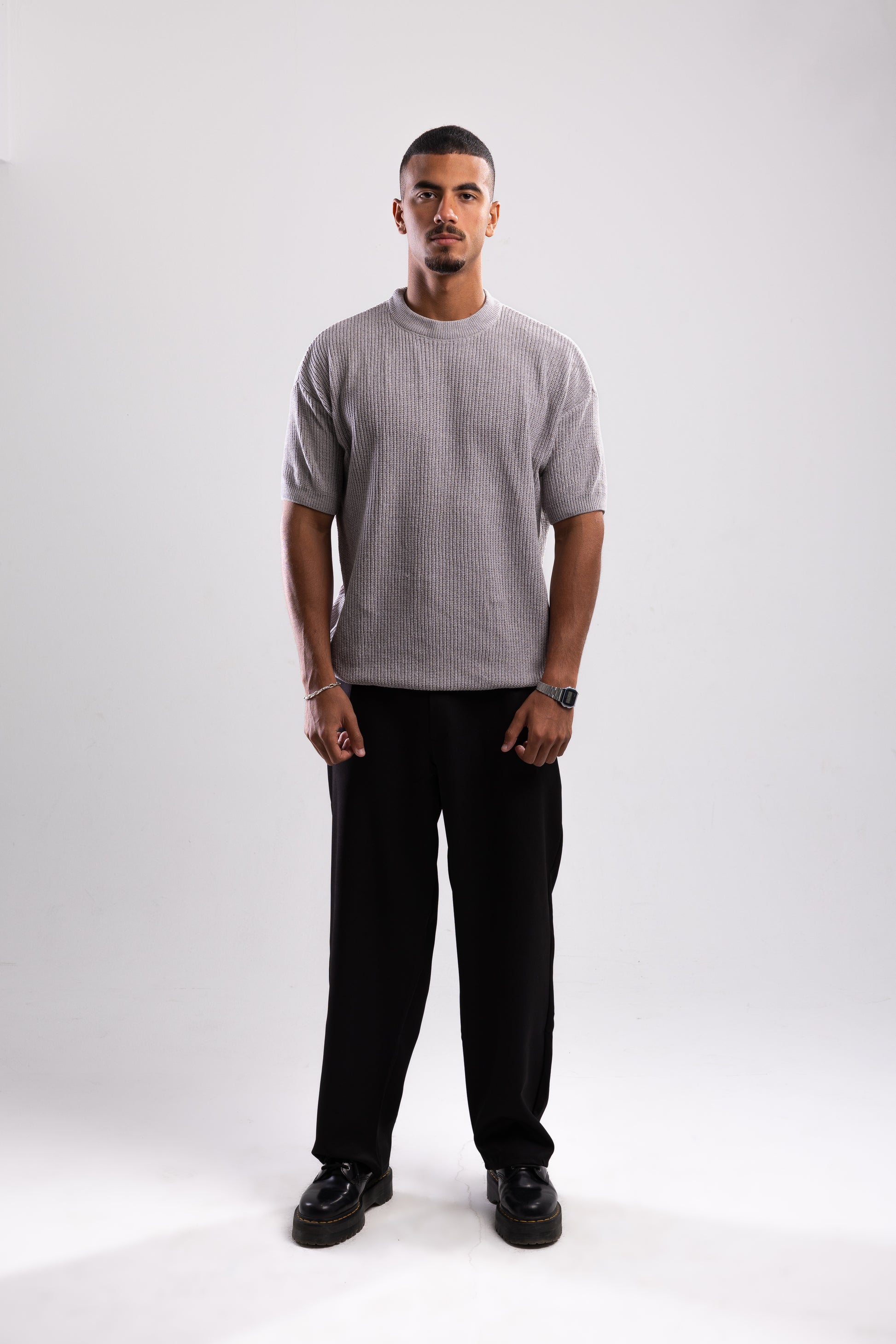 Round Neck Knit T-shirt - Grey